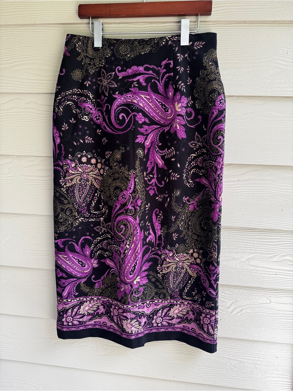 Pantology Purple Paisley Maxi Skirt Size 12 Black‎ Floral Border Print Slit